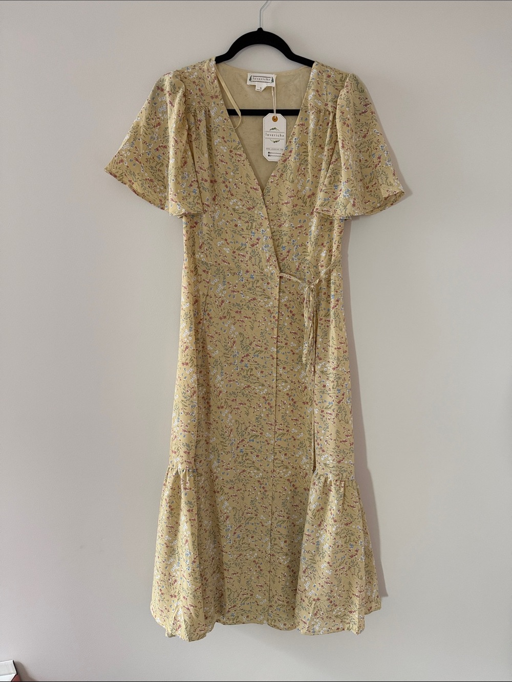 Love Riche Yellow Floral Wrap Midi Dress with Ruffle Hem